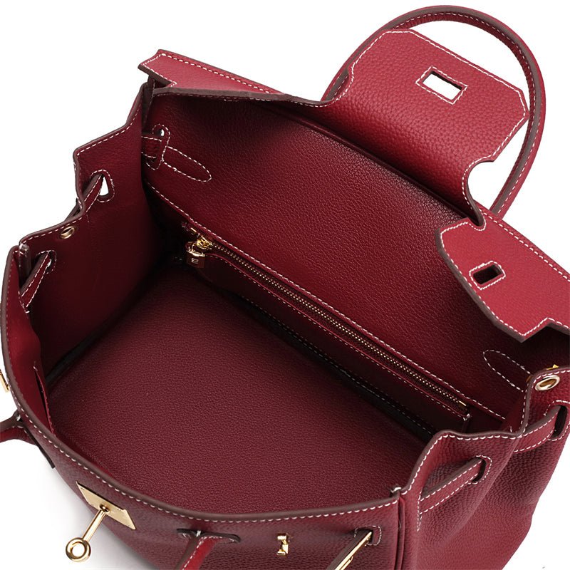 Genuine Leather Twist Lock Multi Pocket Handbag with Gold Hardware for Women