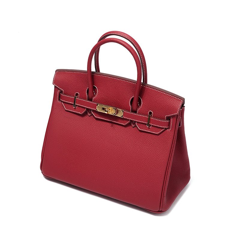 Genuine Leather Twist Lock Multi Pocket Handbag with Gold Hardware for Women