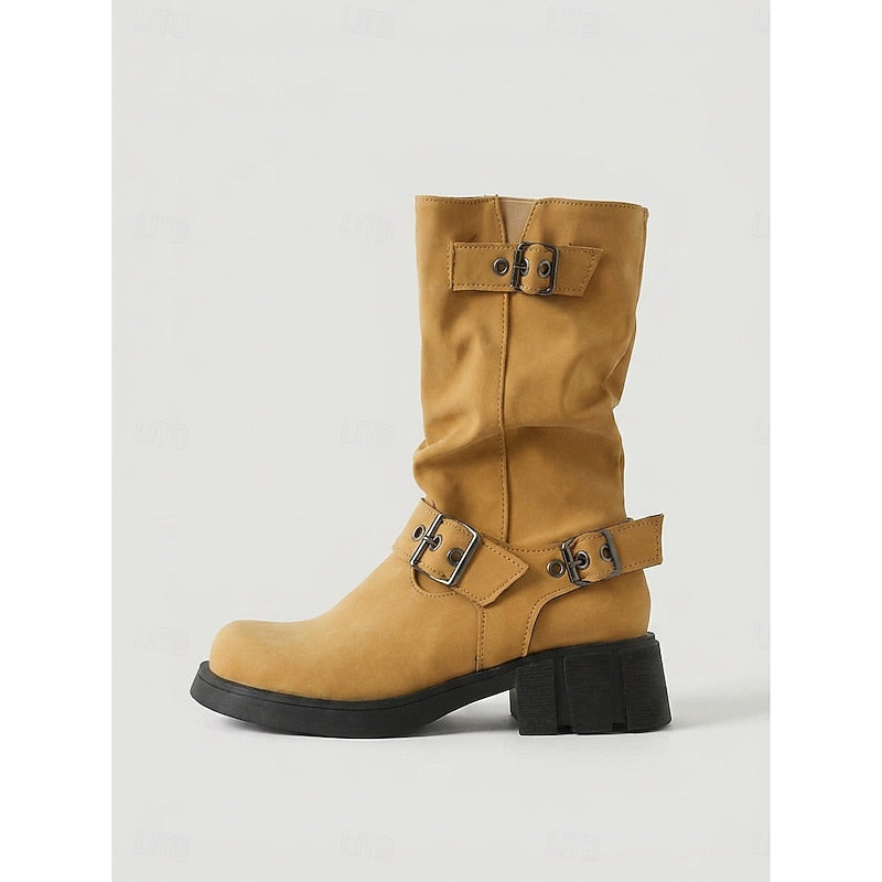 Mid Calf Vintage Buckle Biker Boots with Block Heel and Lug Sole for Women