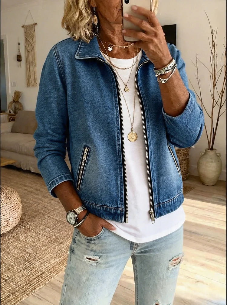 Blue Washed Denim Zip-Up Cardigan for Women