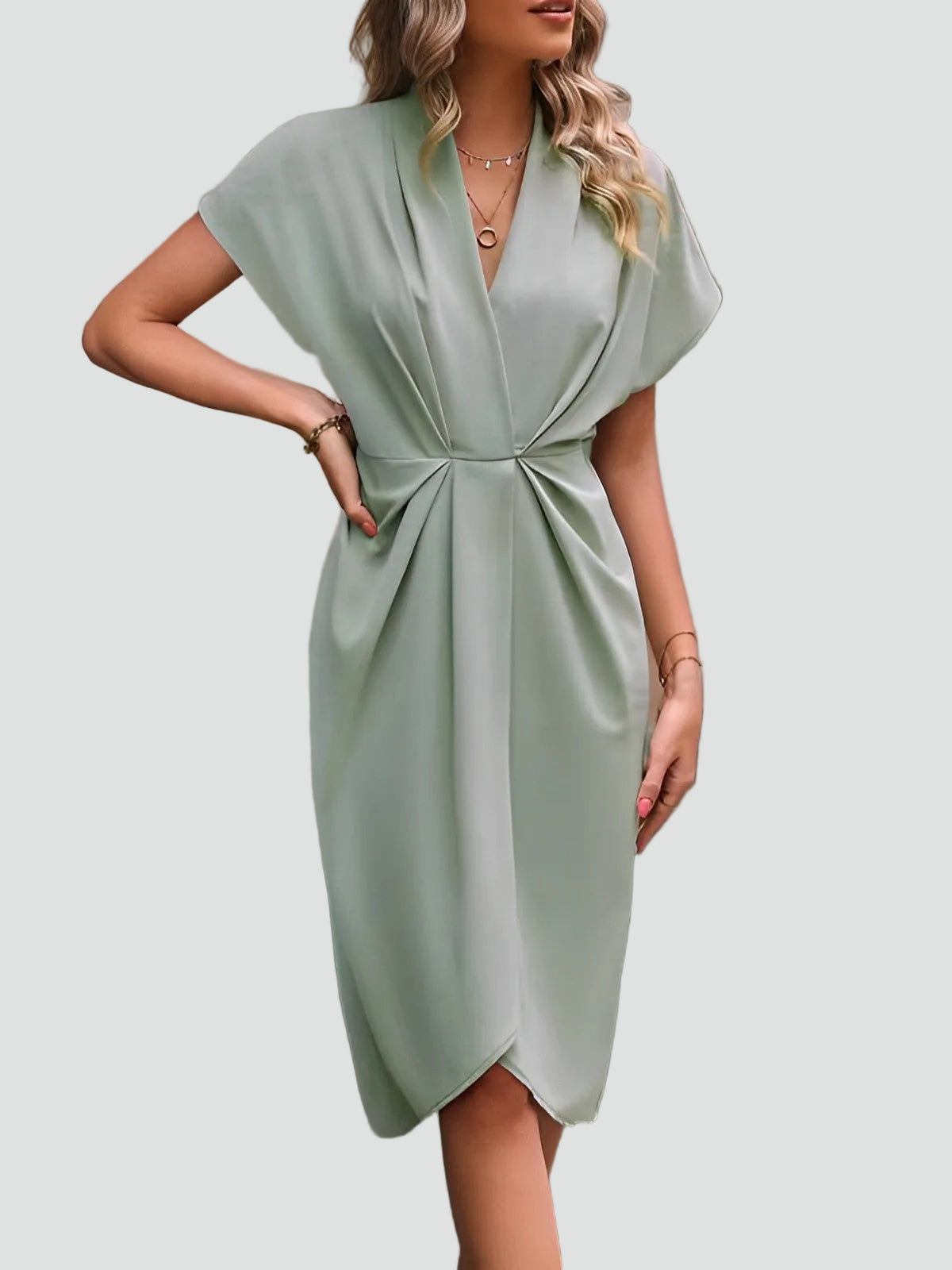 Wrap Midi Dress for Women Regular Fit V-Neck with Loose Sleeves