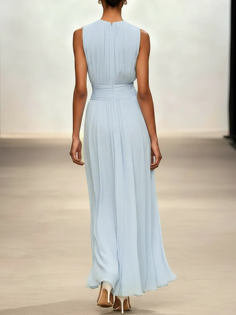 Sleeveless Ruched A-Line Chiffon Maxi Dress for Women | Wedding Guest