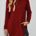 Relaxed Fit Longline Round Neck Pullover Sweater with Side Slits for Women