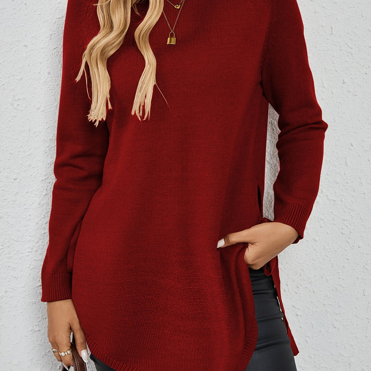Relaxed Fit Longline Round Neck Pullover Sweater with Side Slits for Women