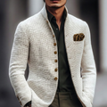 White Textured Knit Stand Collar Single Breasted Cardigan for Men | Smart Casual