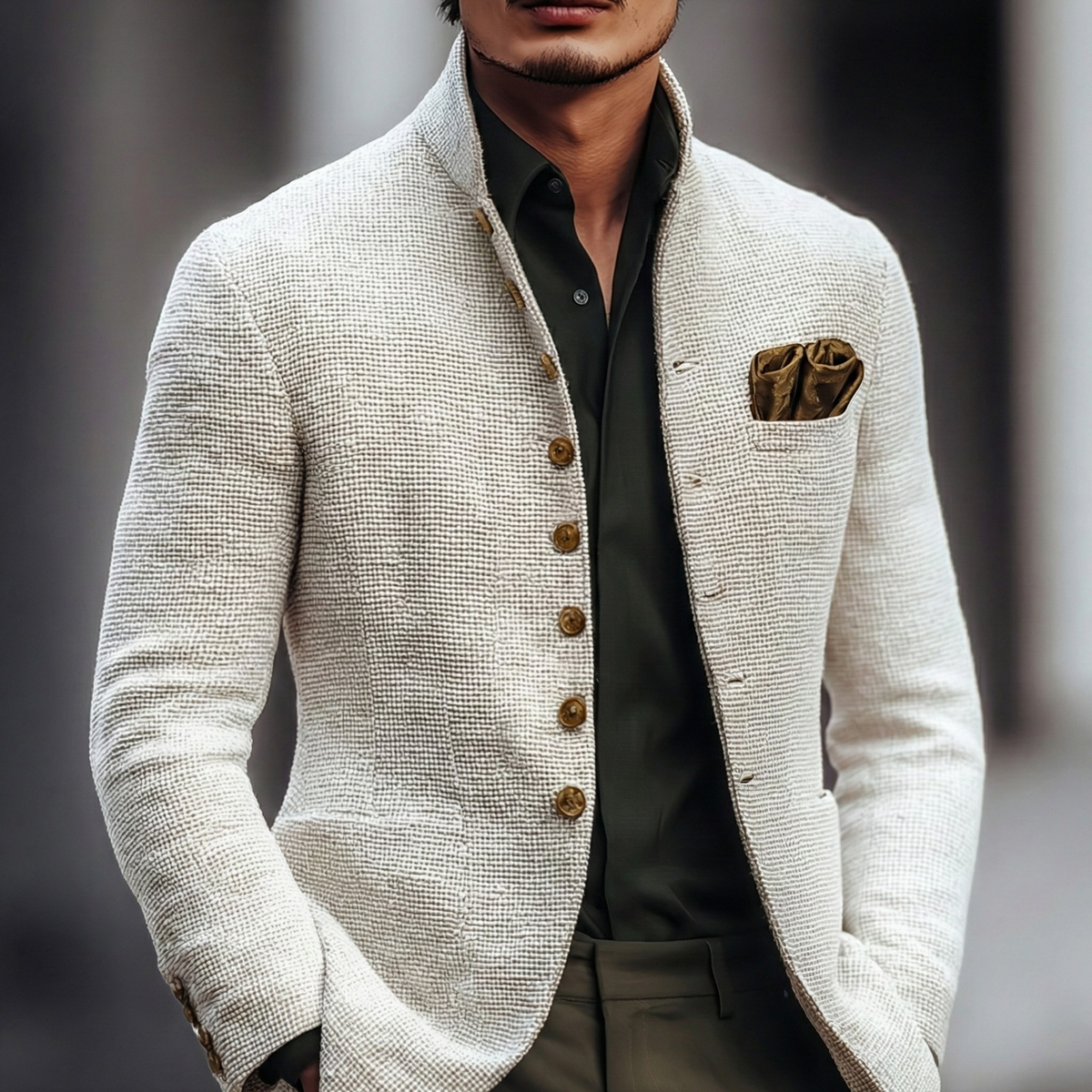 White Textured Knit Stand Collar Single Breasted Cardigan for Men | Smart Casual