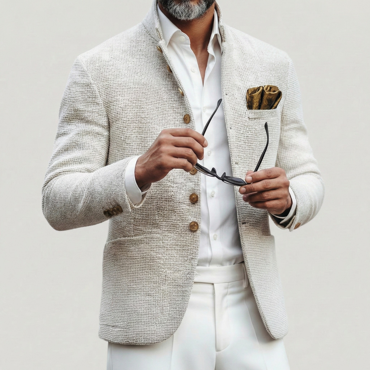 White Textured Knit Stand Collar Single Breasted Cardigan for Men | Smart Casual