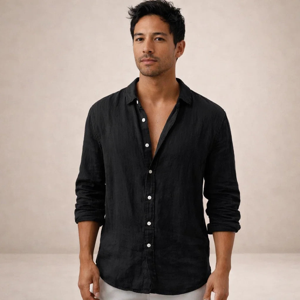 Linen Regular Fit Long Sleeve Open Collar Shirt for Men