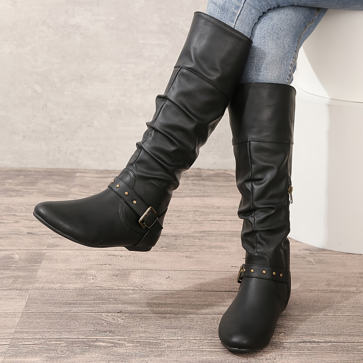 Slouch Knee High Boots with Buckle Detail and Side Zip for Women | Flat Sole