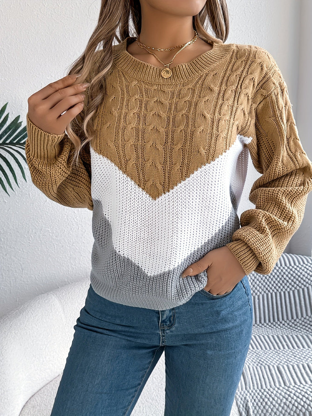 Stretch Knit Color Block Round Neck Sweater for Women | Fall Winter Layering