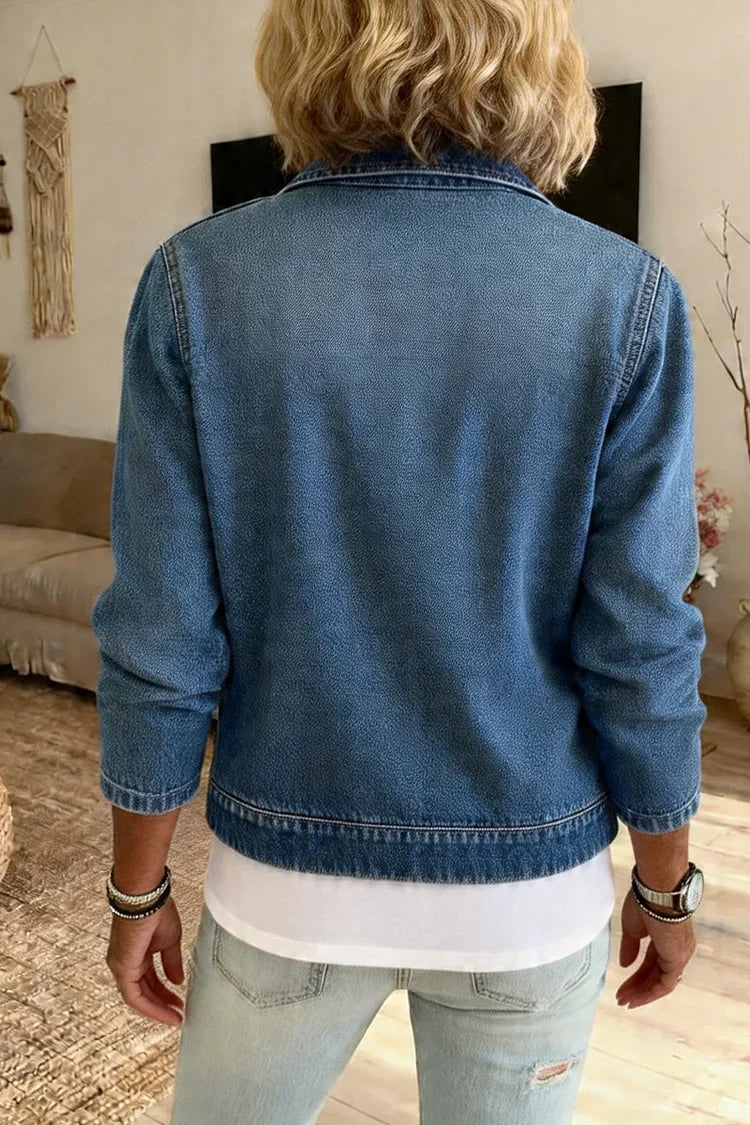 Blue Washed Denim Zip-Up Cardigan for Women