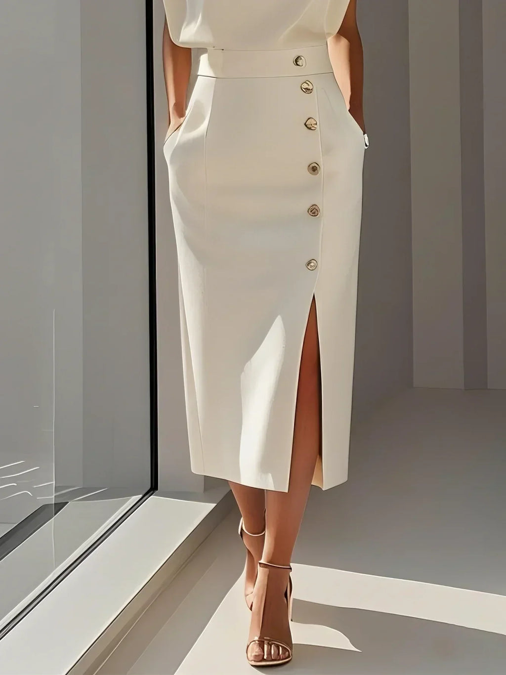 Round Neck Midi Dress with Button Slit Detail for Women