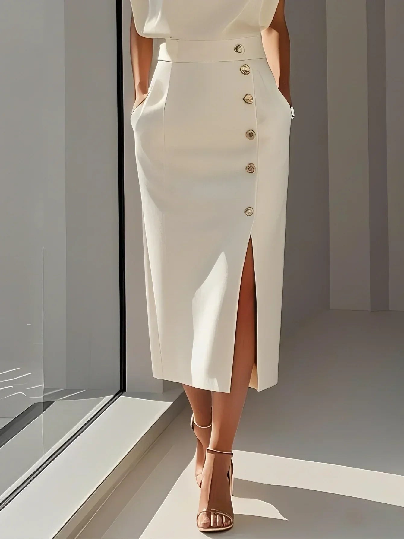 Round Neck Midi Dress with Button Slit Detail for Women