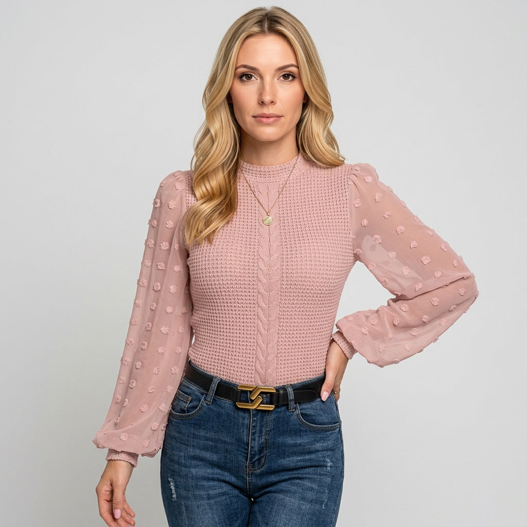 Elegant Sweater with Transparent Puff Sleeves