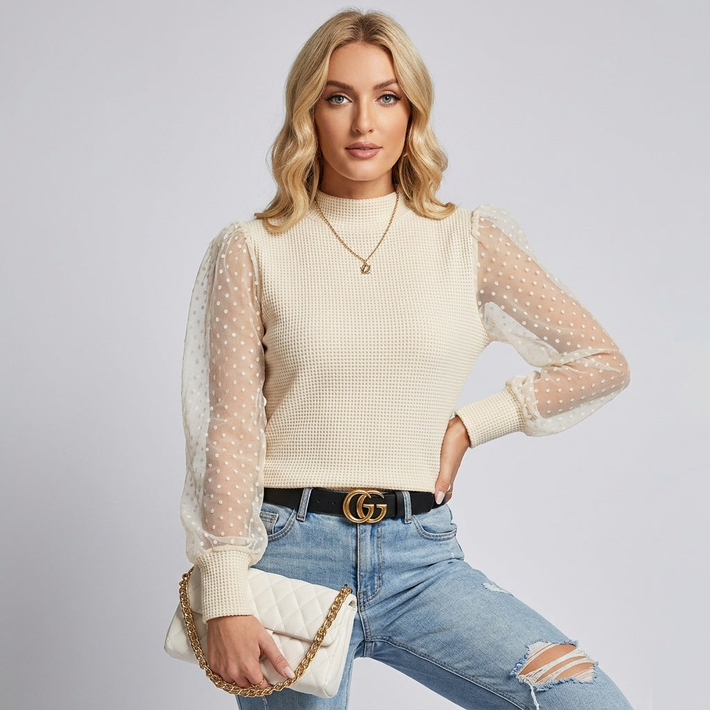 Elegant Sweater with Transparent Puff Sleeves