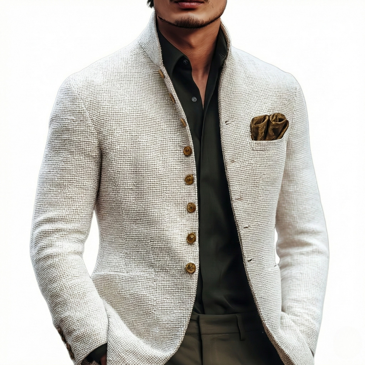 White Textured Knit Stand Collar Single Breasted Cardigan for Men | Smart Casual