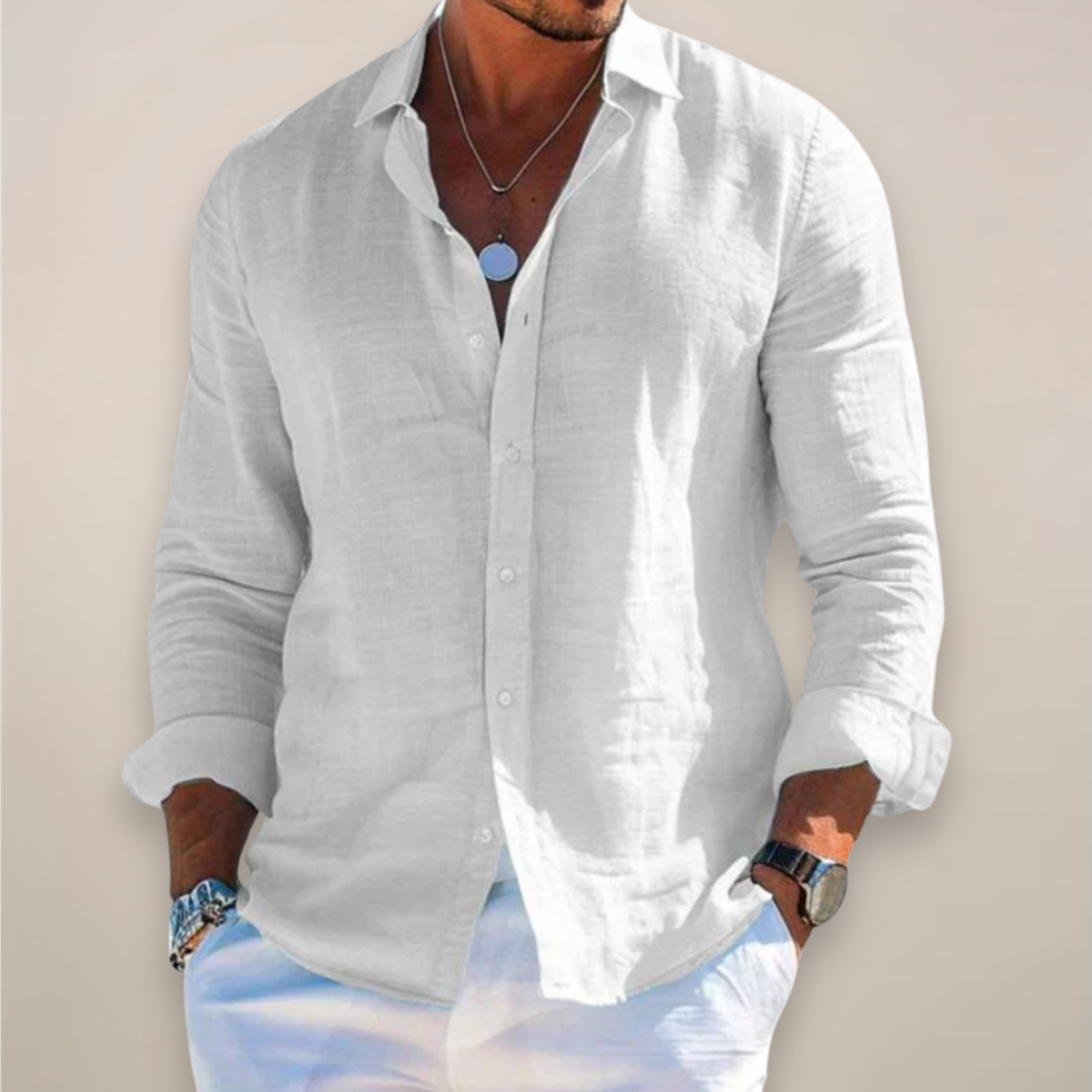 Linen Blend Long Sleeve Button Front Shirt for Men
