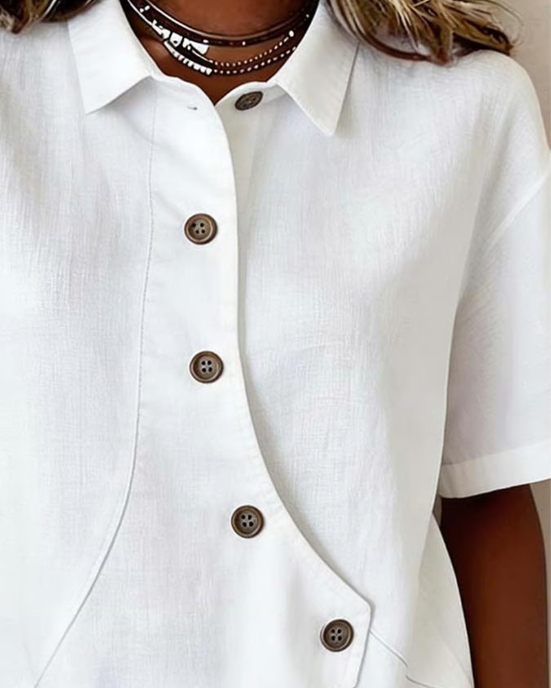 Cotton Linen Asymmetric Placket Button-Down Shirt for Men