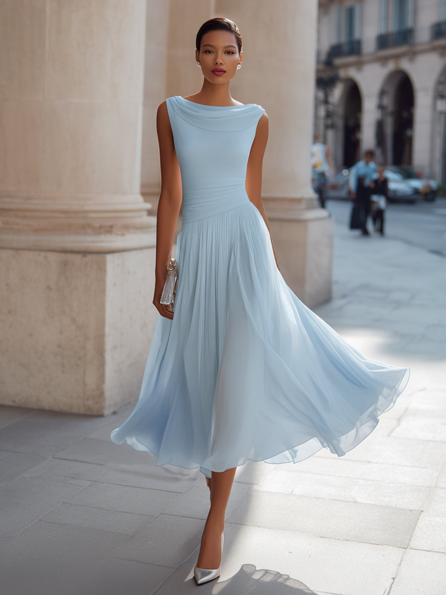 Draped Neck Sleeveless Pleated Midi Dress for Women | Occasion Wear
