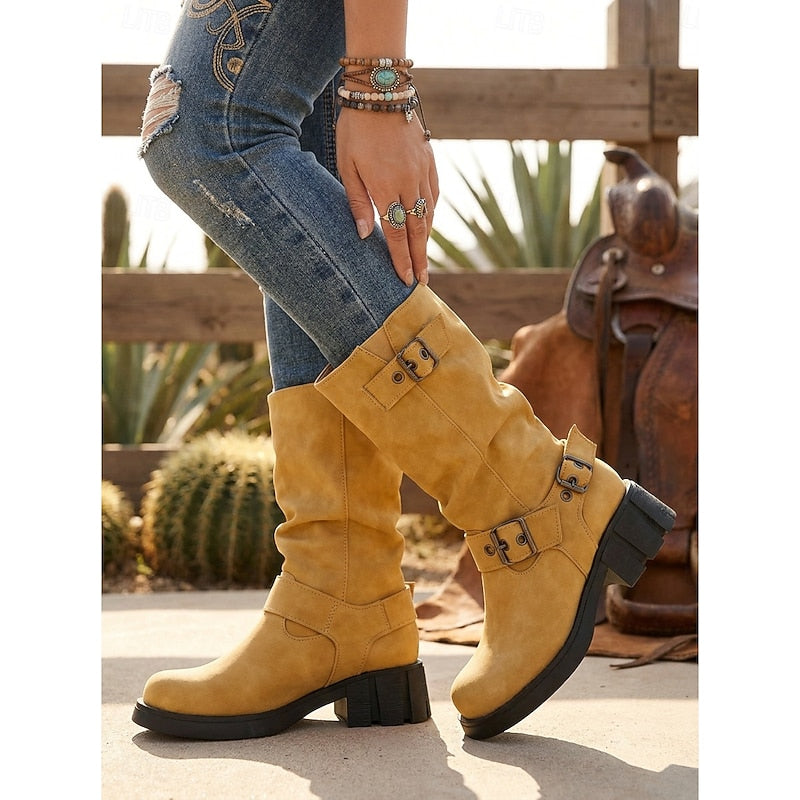 Mid Calf Vintage Buckle Biker Boots with Block Heel and Lug Sole for Women