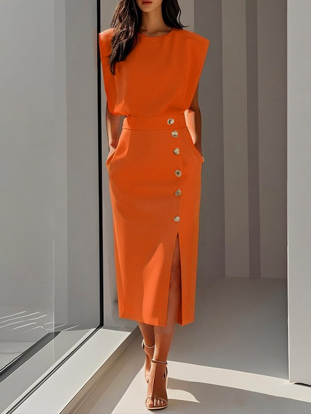 Round Neck Midi Dress with Button Slit Detail for Women