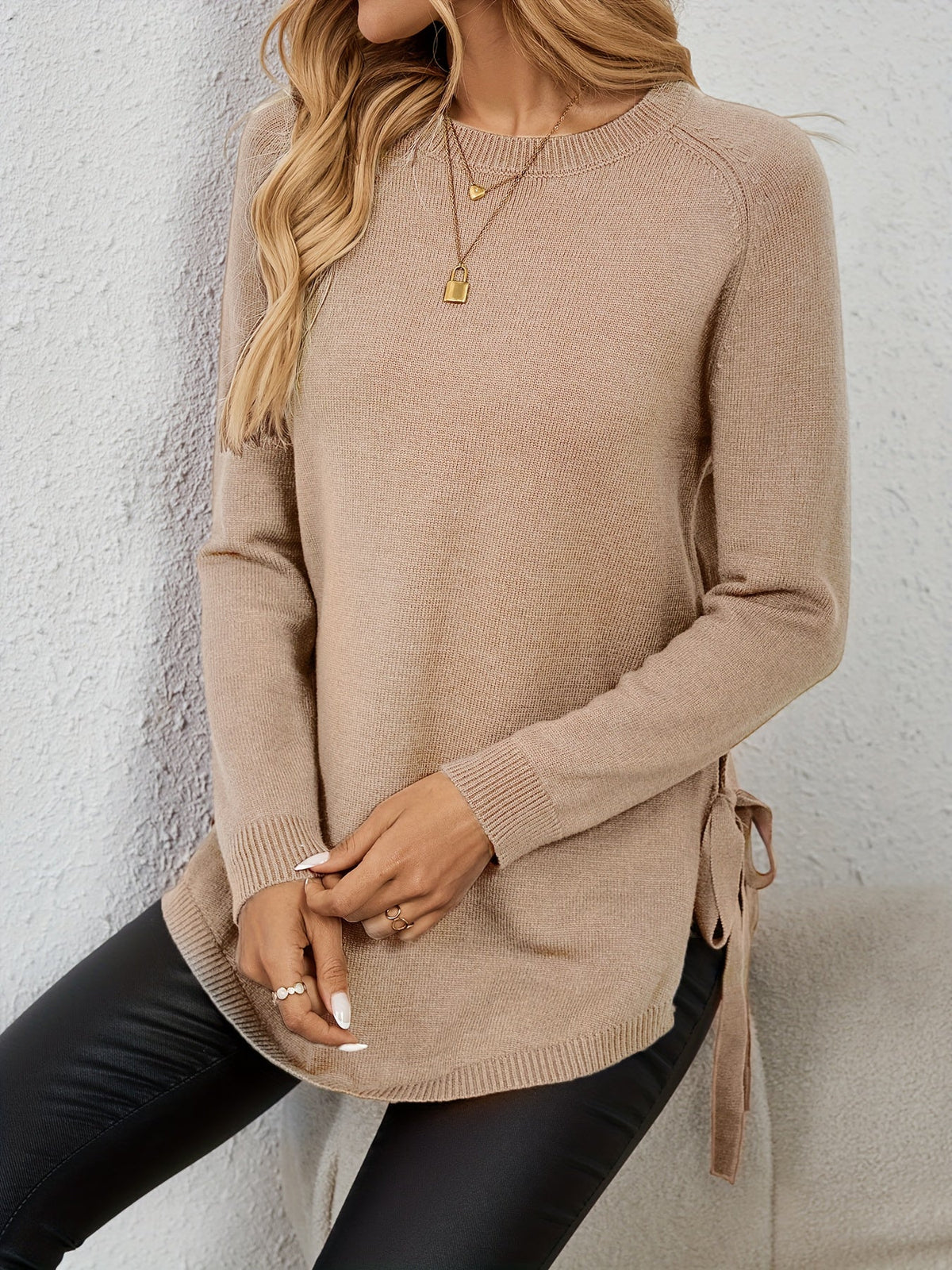 Relaxed Fit Longline Round Neck Pullover Sweater with Side Slits for Women