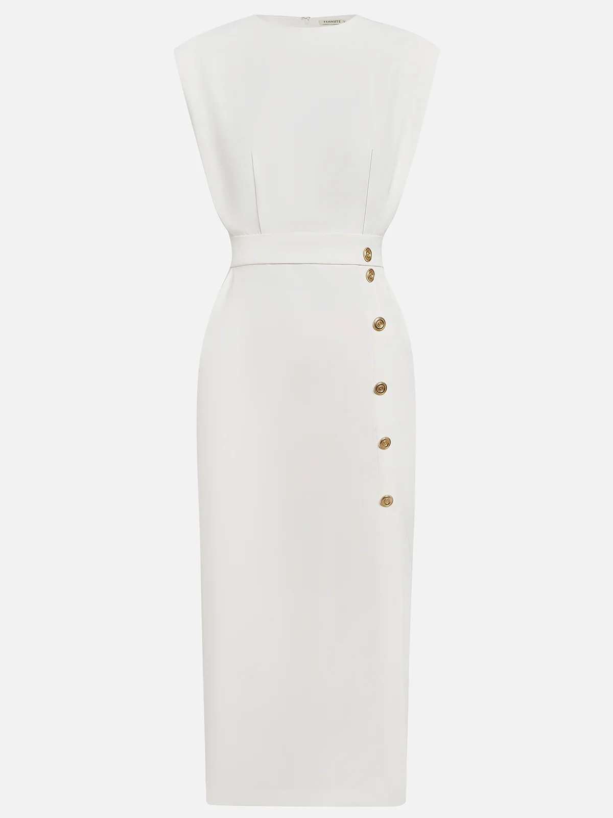Round Neck Midi Dress with Button Slit Detail for Women