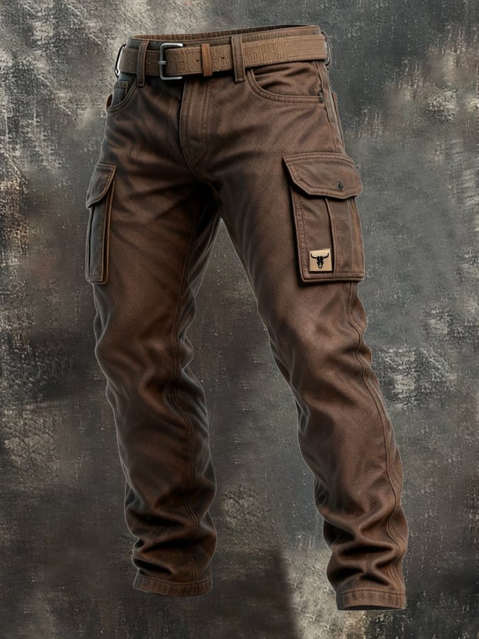 Brown Slim Fit Tapered Leg Cargo Pants with Flap Utility Pockets for Men