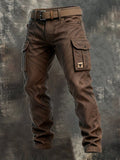 Brown Slim Fit Tapered Leg Cargo Pants with Flap Utility Pockets for Men