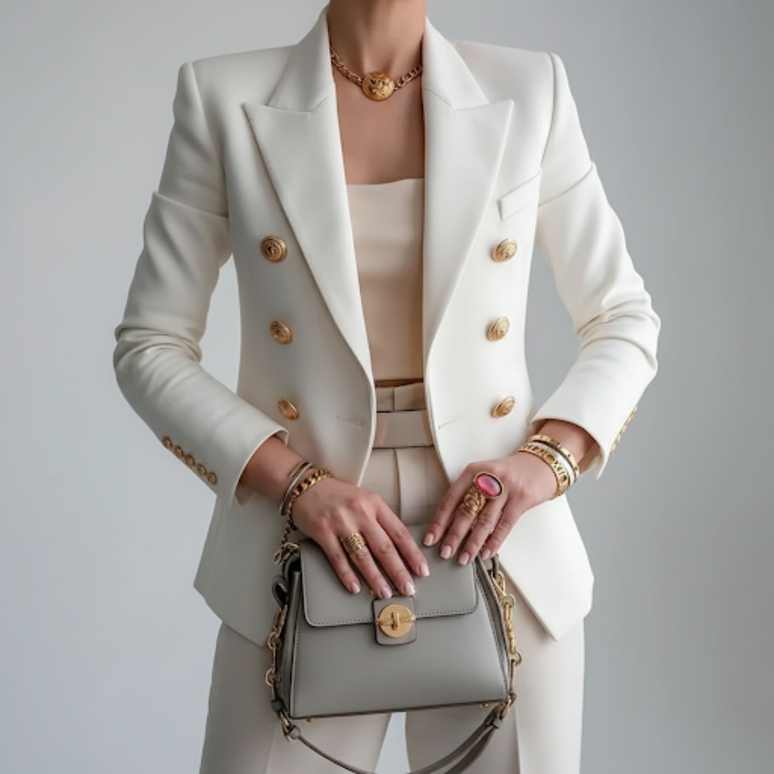 White Blue Double-Breasted Long Sleeve Blazer for Women