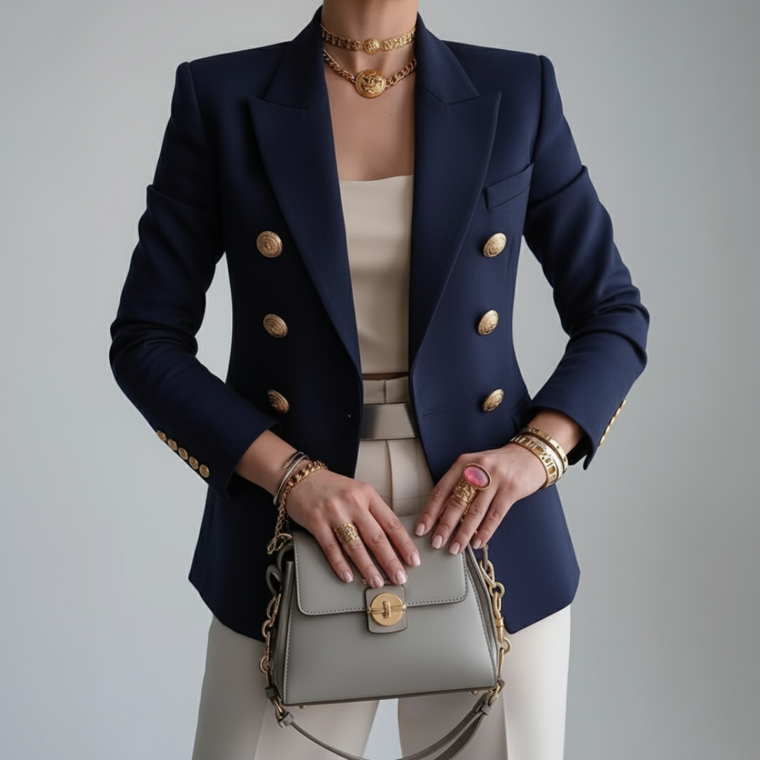 White Blue Double-Breasted Long Sleeve Blazer for Women