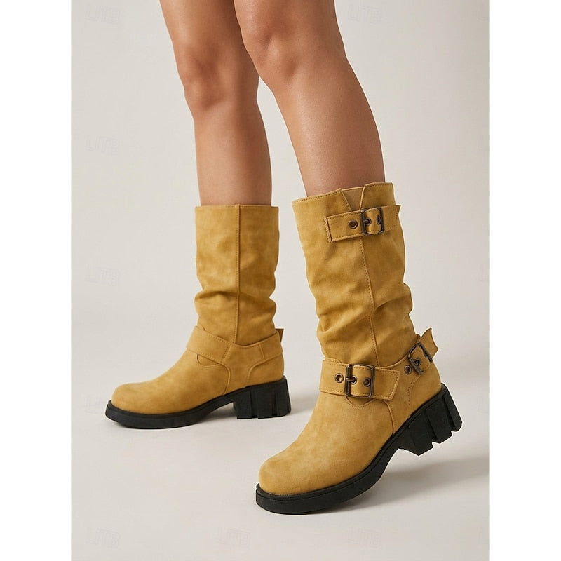 Mid Calf Vintage Buckle Biker Boots with Block Heel and Lug Sole for Women