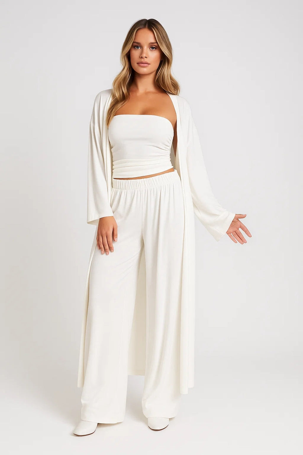 Three-Piece Co-Ord Set for Women Strapless Top Wide Leg Trousers Cardigan