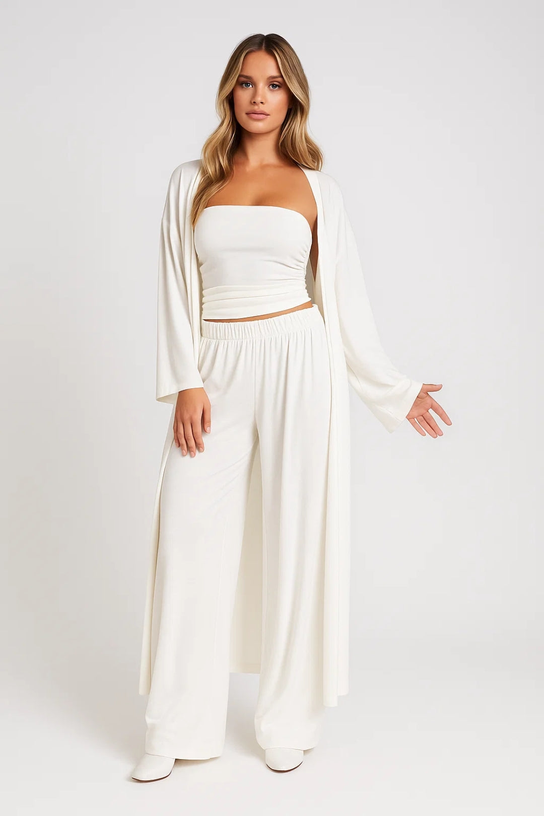 Three-Piece Co-Ord Set for Women Strapless Top Wide Leg Trousers Cardigan