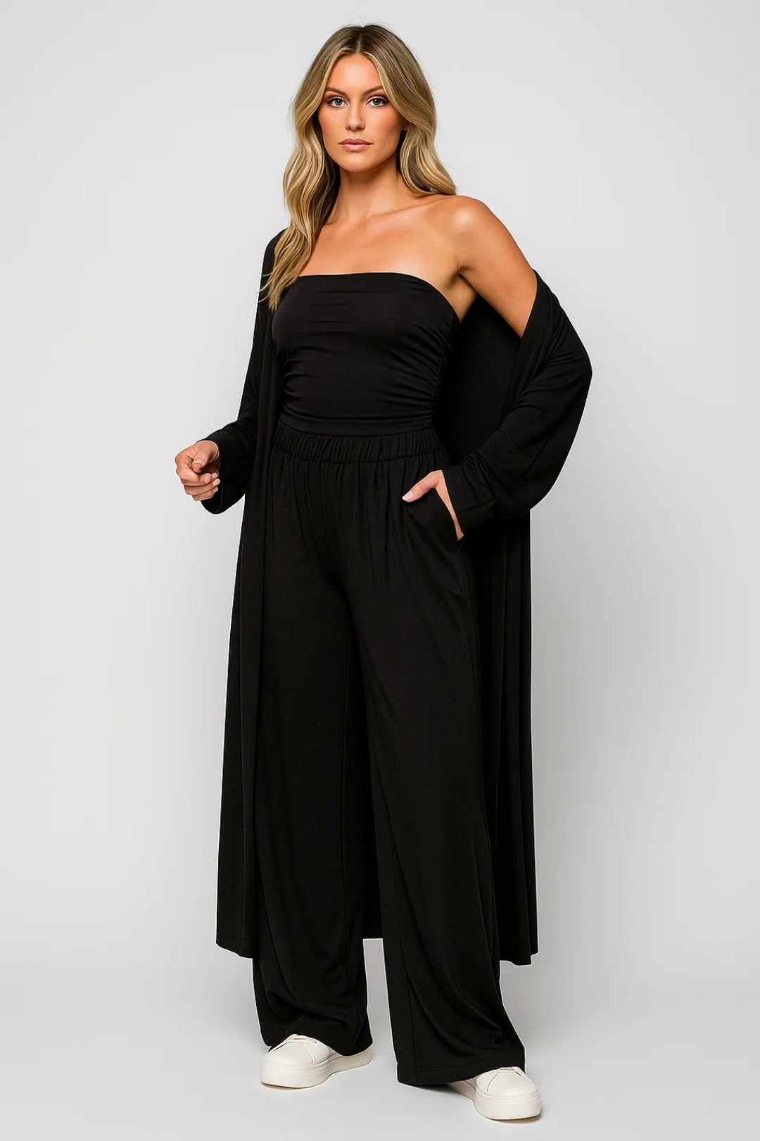 Three-Piece Co-Ord Set for Women Strapless Top Wide Leg Trousers Cardigan