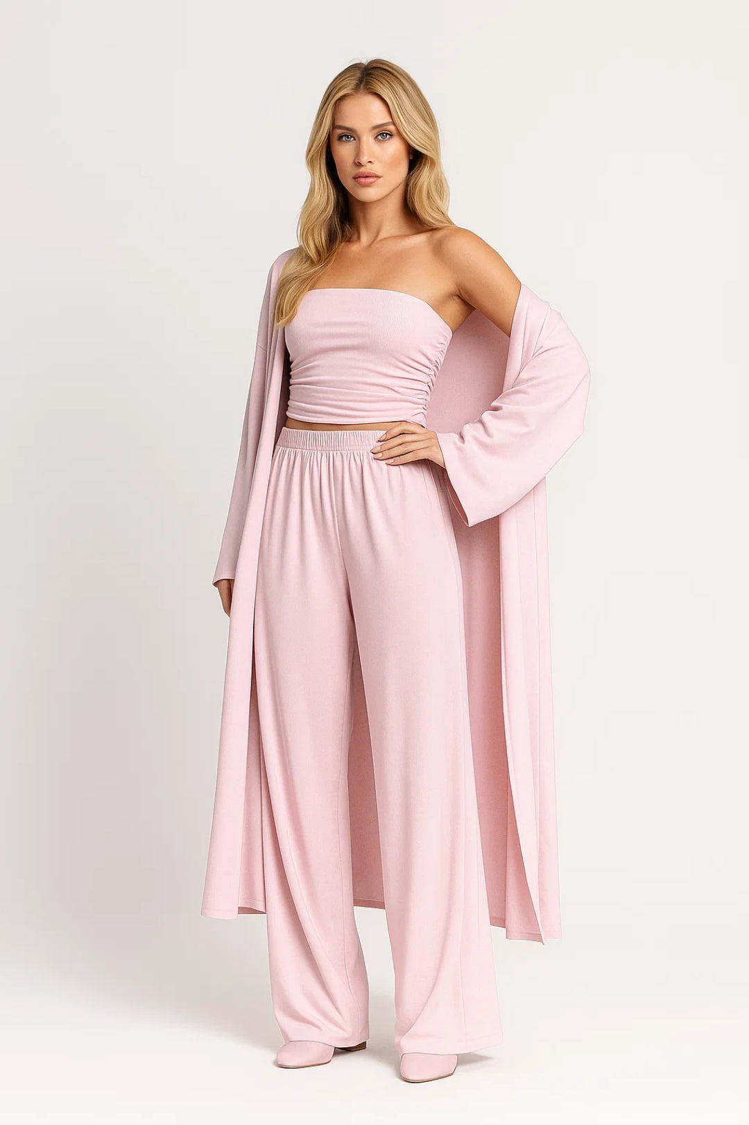 Three-Piece Co-Ord Set for Women Strapless Top Wide Leg Trousers Cardigan