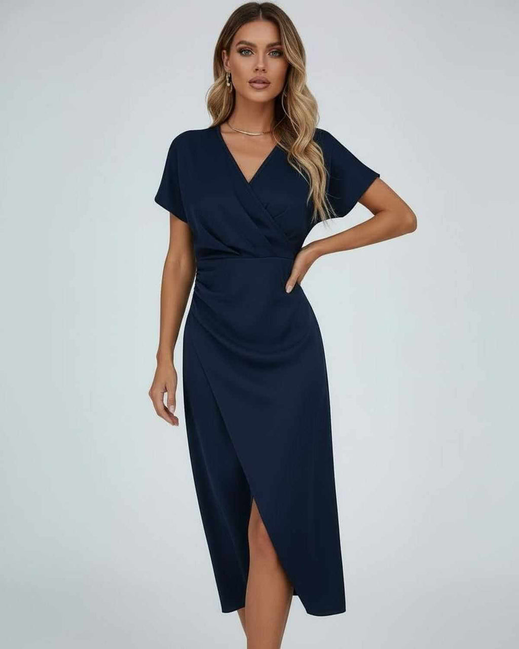 Short Sleeve Wrap Midi Dress with Draped Waist and Split Hem for Women
