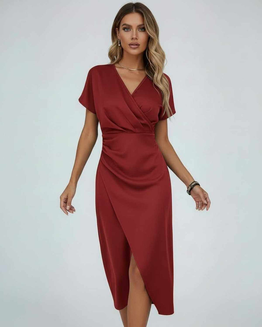 Short Sleeve Wrap Midi Dress with Draped Waist and Split Hem for Women