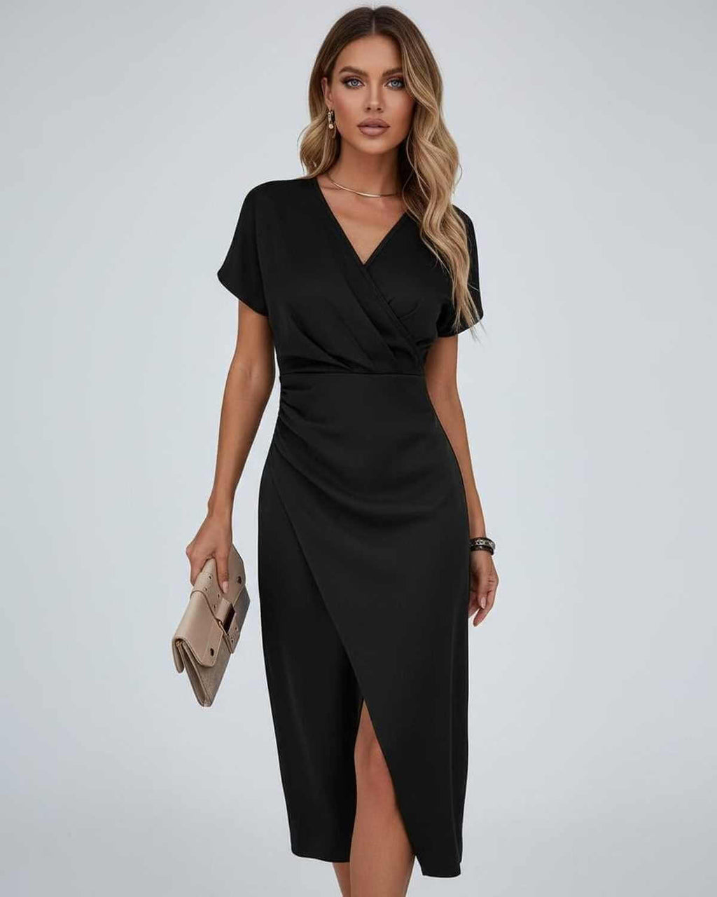 Short Sleeve Wrap Midi Dress with Draped Waist and Split Hem for Women
