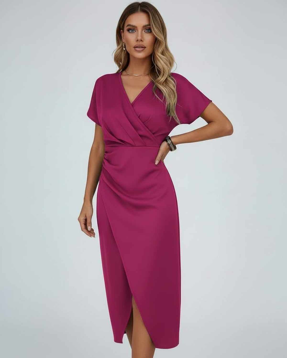 Short Sleeve Wrap Midi Dress with Draped Waist and Split Hem for Women
