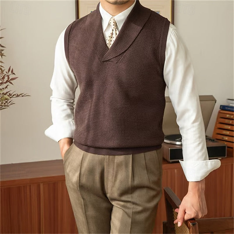 Knit Shawl Collar V Neck Sweater Vest for Men | Regular Fit Layering Top