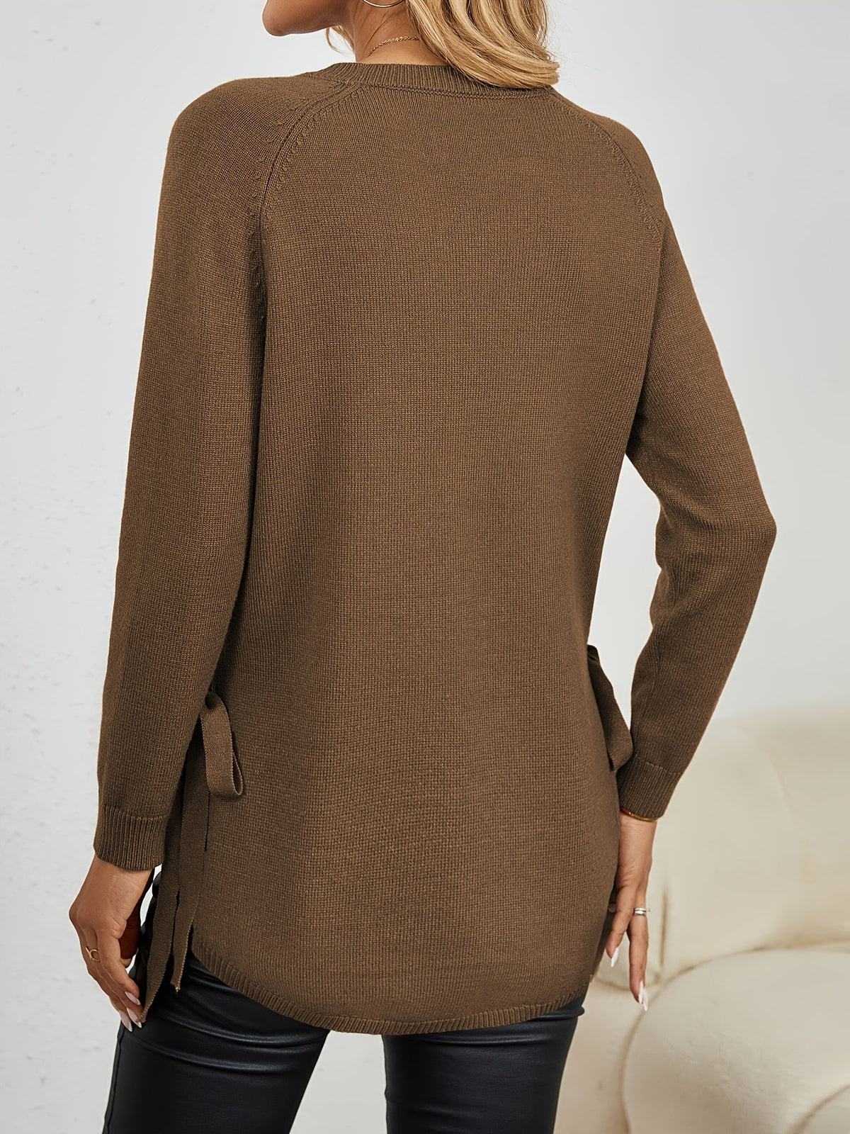 Relaxed Fit Longline Round Neck Pullover Sweater with Side Slits for Women