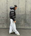 Quilted Winter Jacket with Hood High Collar and Full Zip Pockets for Men