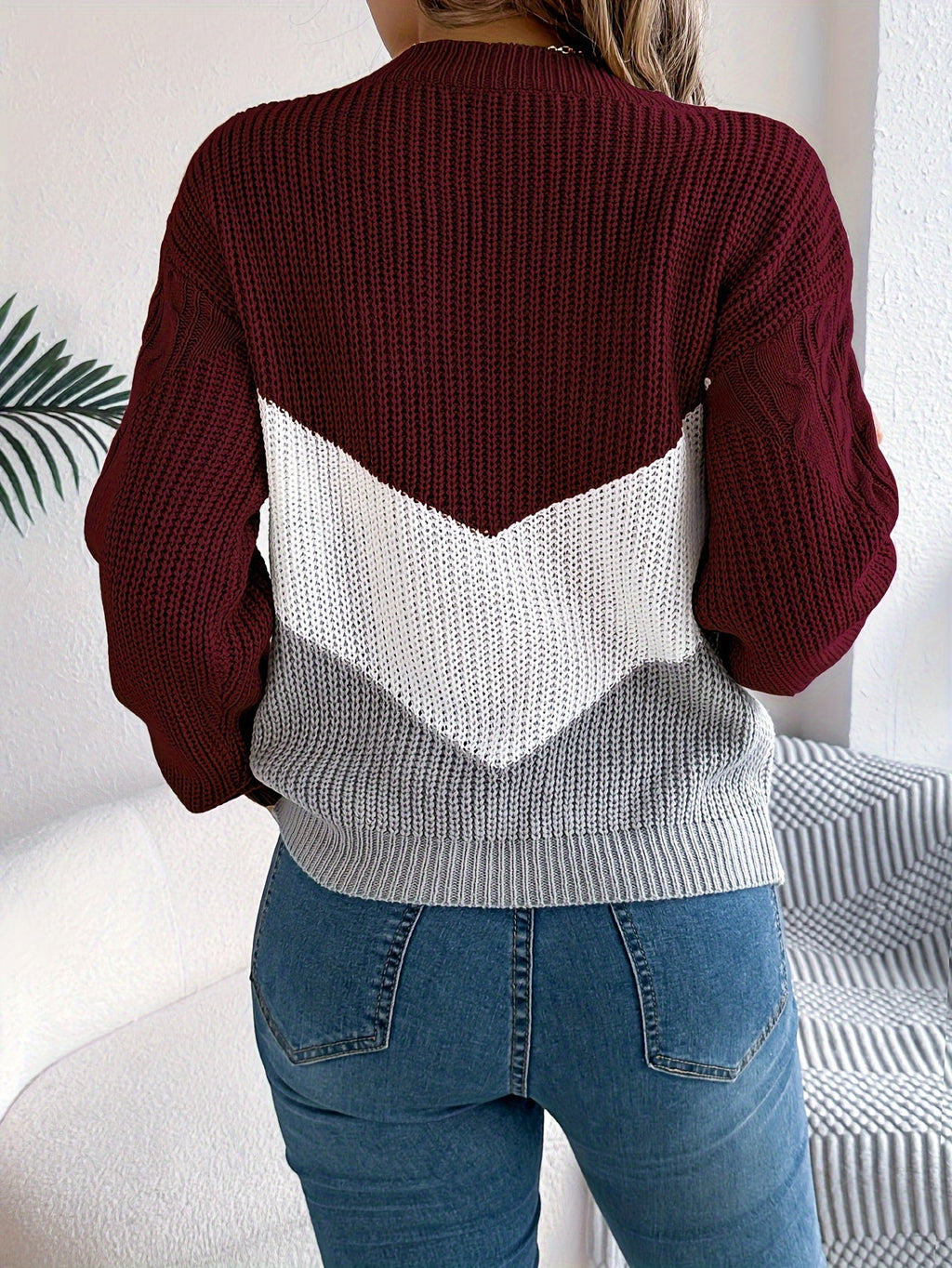 Stretch Knit Color Block Round Neck Sweater for Women | Fall Winter Layering