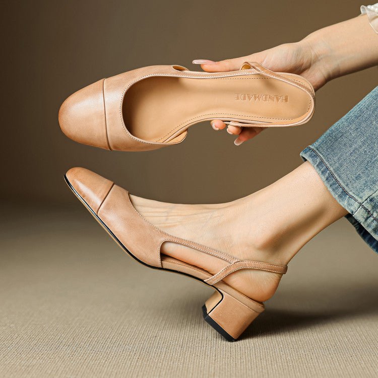 Genuine Leather Slingback Pumps with Mid Block Heel and Almond Toe for Women