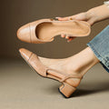 Genuine Leather Slingback Pumps with Mid Block Heel and Almond Toe for Women