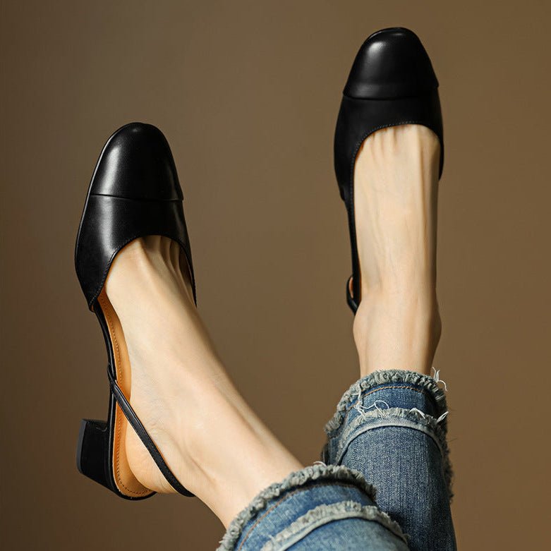 Genuine Leather Slingback Pumps with Mid Block Heel and Almond Toe for Women