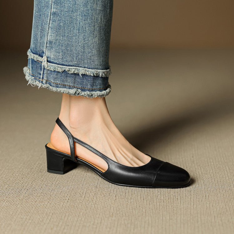 Genuine Leather Slingback Pumps with Mid Block Heel and Almond Toe for Women