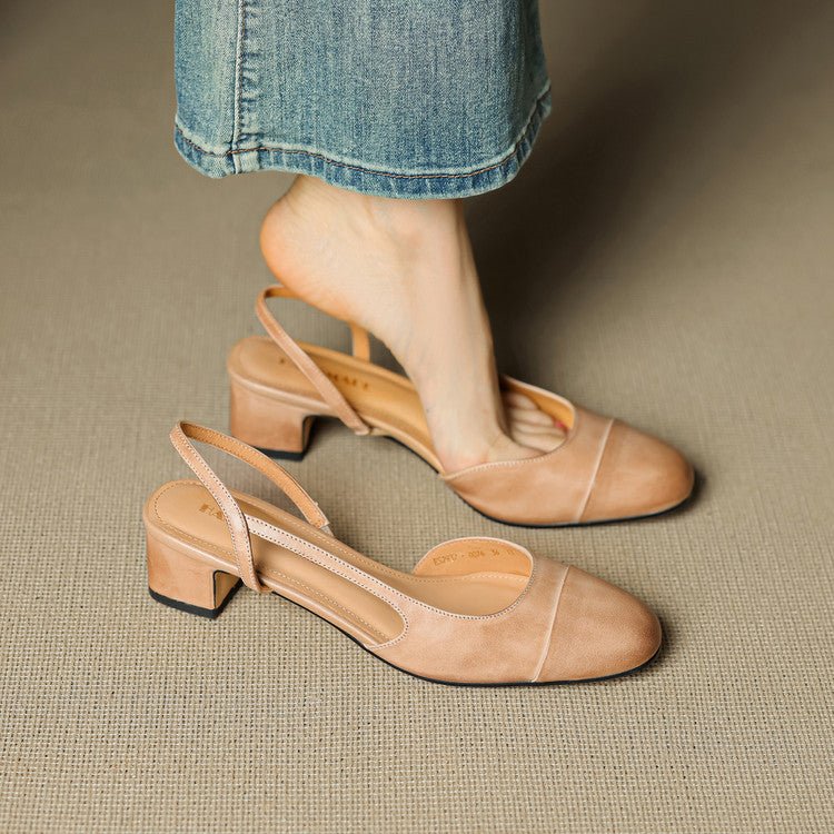 Genuine Leather Slingback Pumps with Mid Block Heel and Almond Toe for Women