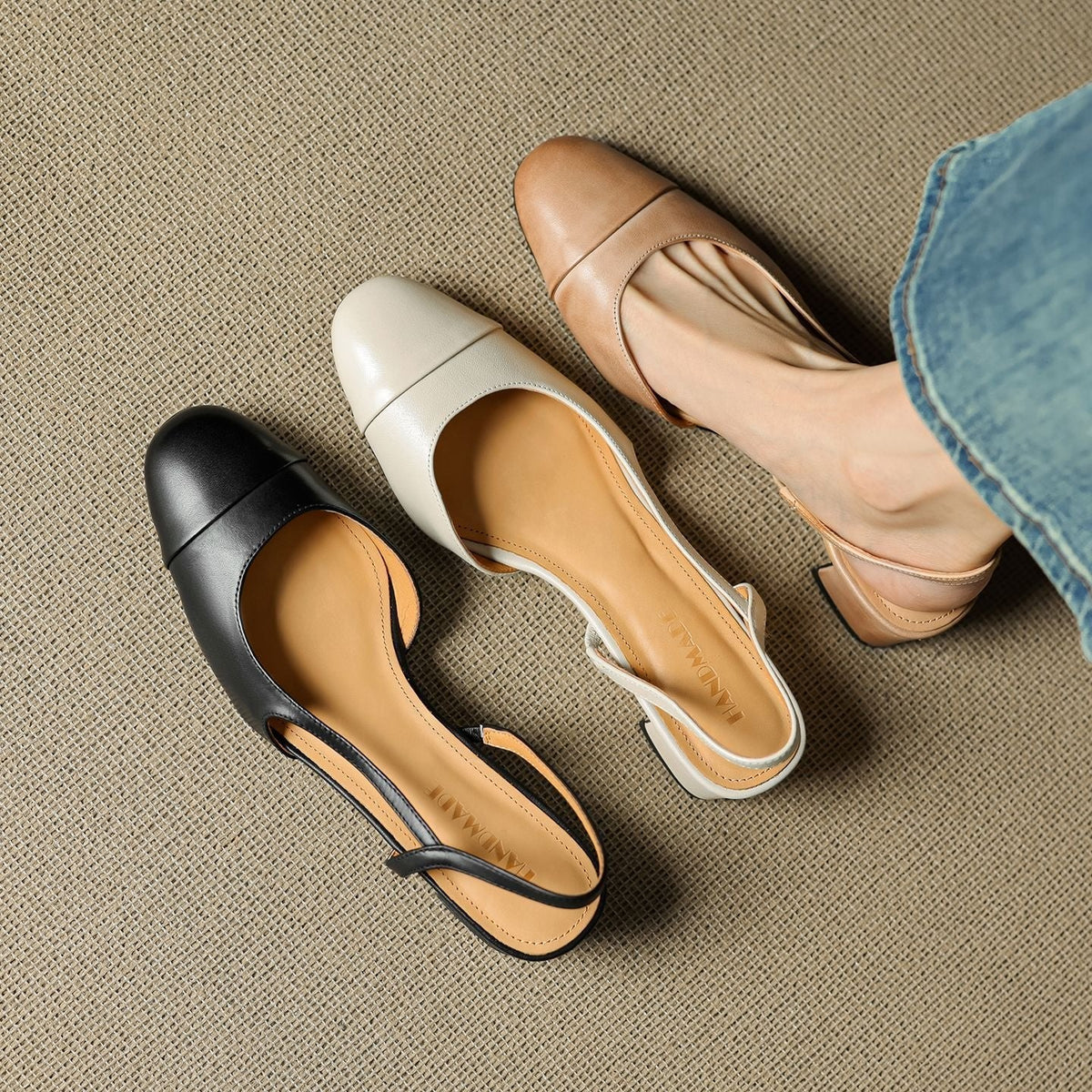 Genuine Leather Slingback Pumps with Mid Block Heel and Almond Toe for Women